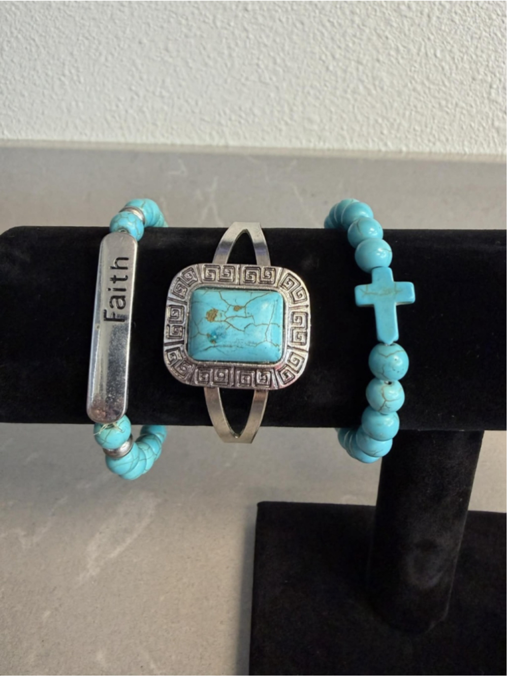 Turquoise Bracelet Lot 3pc Silver Tone Cuff Beaded Cross Boho Southwestern